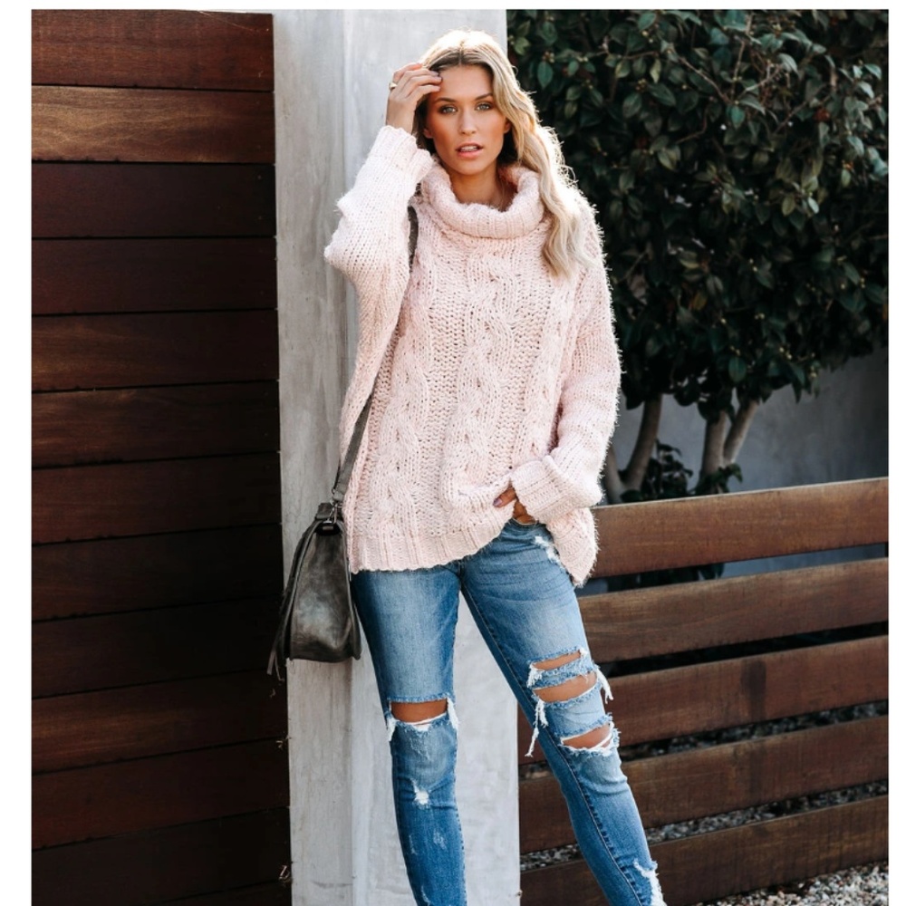 CELESTE Cowl Neck Cable Knit Sweater